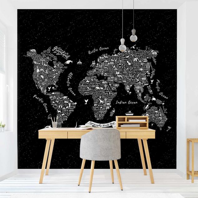 Papier peint panoramique noir et blanc Typographie Carte du Monde Noir