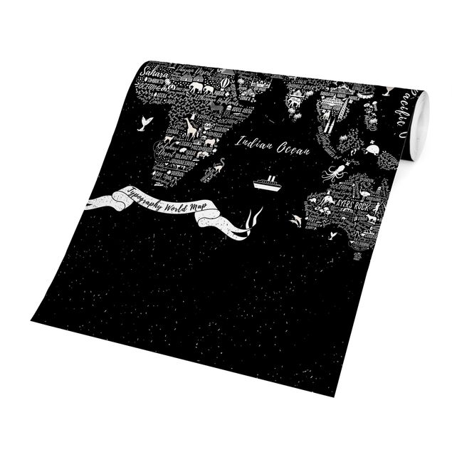 Papier peint mappemonde Typographie Carte du Monde Noir