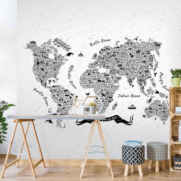 Papier peint panoramique noir et blanc Typographie Carte du Monde Blanche