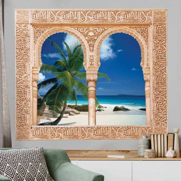 Adhésif mural imitation pierre Fenêtre décorée plage de rêve
