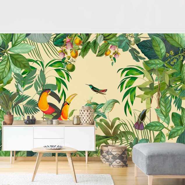 Papier peint moderne Collage Vintage - Oiseaux dans la jungle