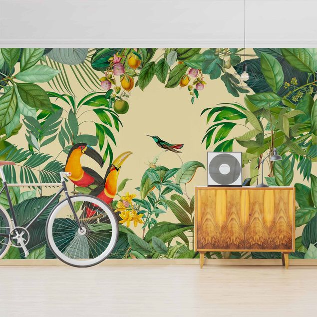 Papier peint fleurs Collage Vintage - Oiseaux dans la jungle