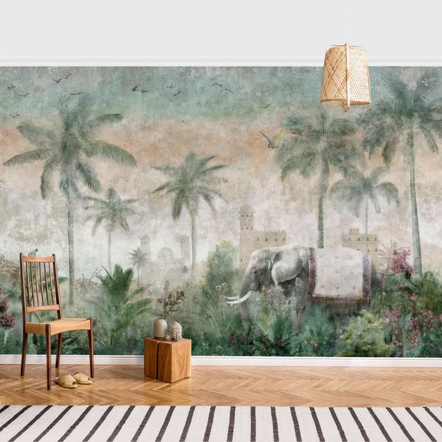 Papier peint moderne Scène de jungle vintage avec un éléphant