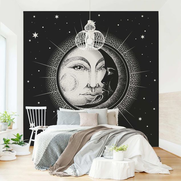 Papier peint ciel Illustration vintage de soleil et de lune