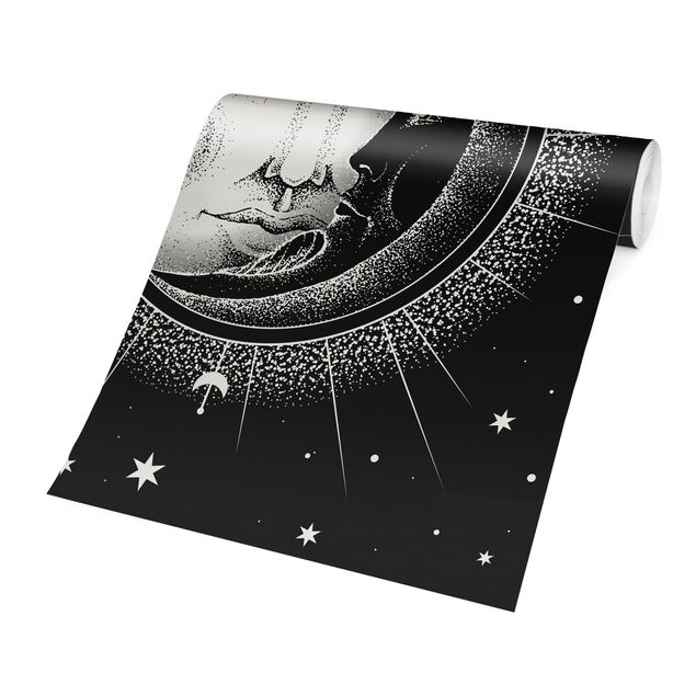 Papier peint noir et blanc Illustration vintage de soleil et de lune