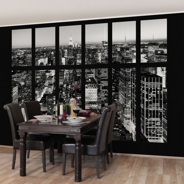 Papier peint 3d trompe l oeil Window View Manhattan Skyline In Black And White