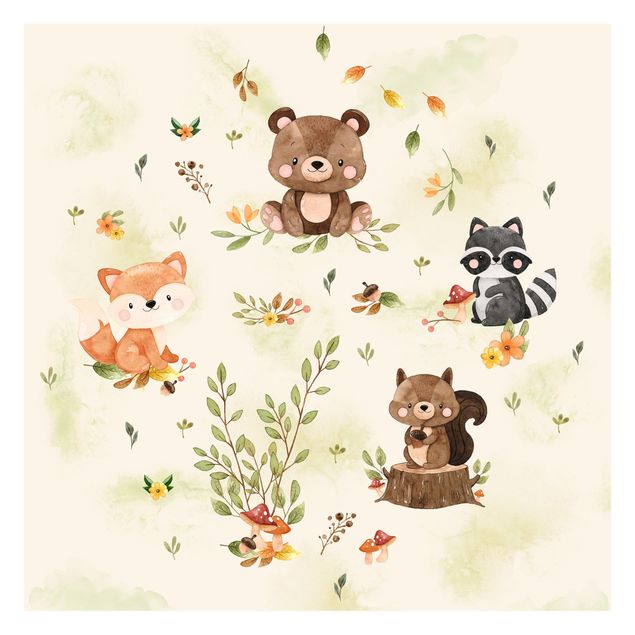 Papier peint - Forest Animals Autumn Bear Squirrel Raccoon