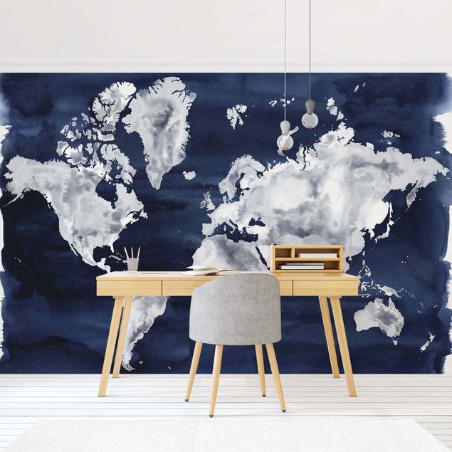Papier peint moderne Carte du monde de l'eau foncé
