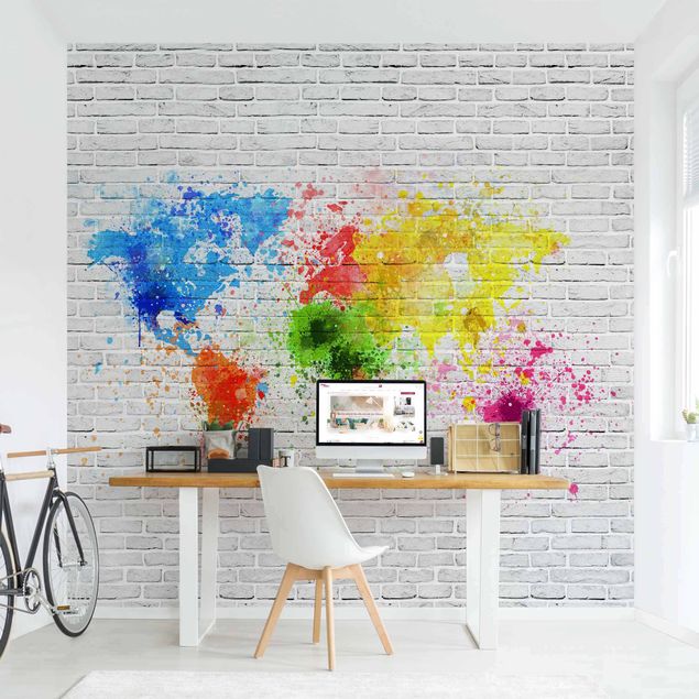 Papier peint brique Mur de briques blanches Carte du monde