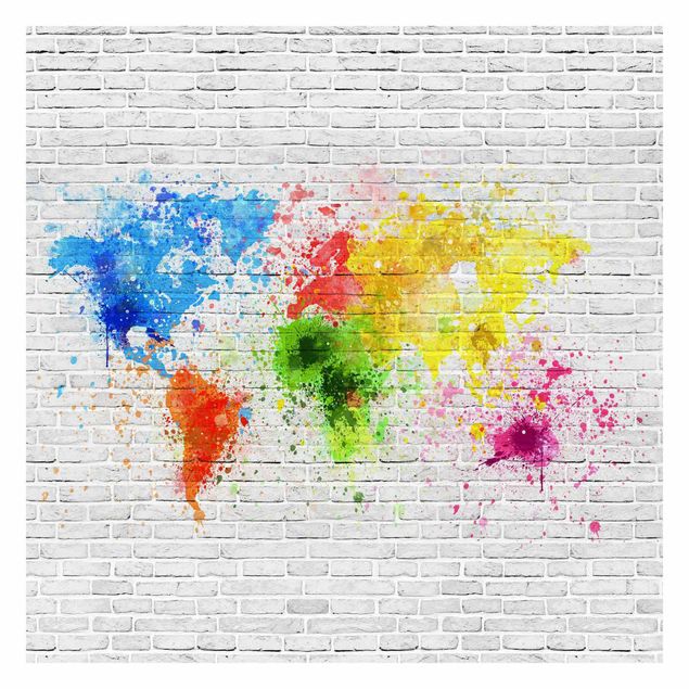 Papier peint panoramique Mur de briques blanches Carte du monde