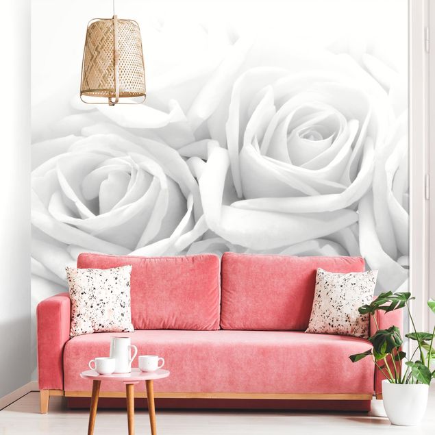 Papier peint fleur rose Blanches noir et blanc