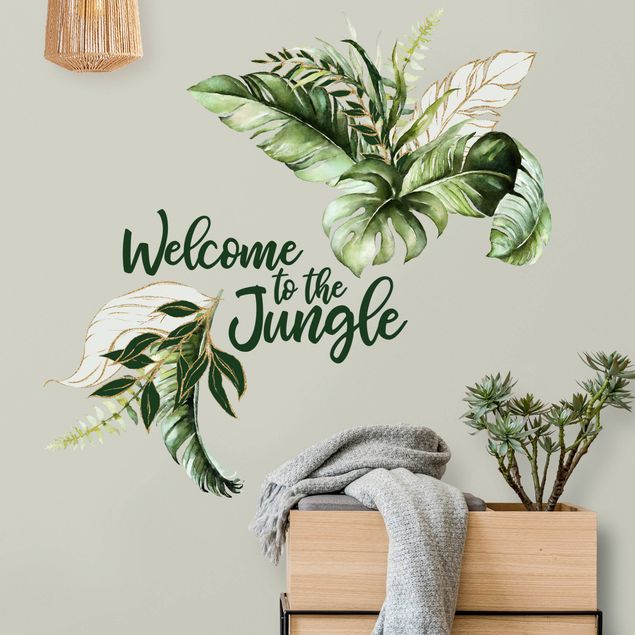 Stickers muraux phrase Welcome to the Jungle - Feuilles aquarellées