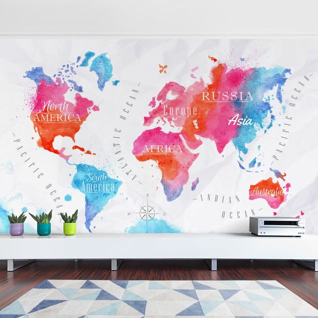 Papier peint panoramique carte du monde Carte du Monde Aquarelle Rouge Bleu