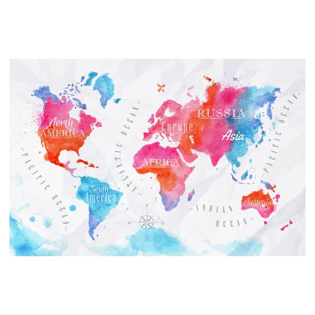Papier peint - World Map Watercolour Red Blue