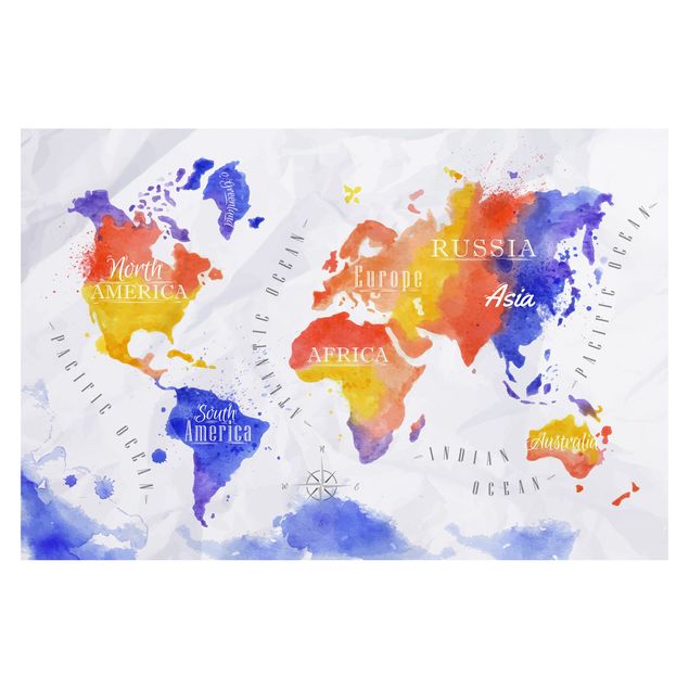 Papier peint - World Map Watercolour Purple Red Yellow