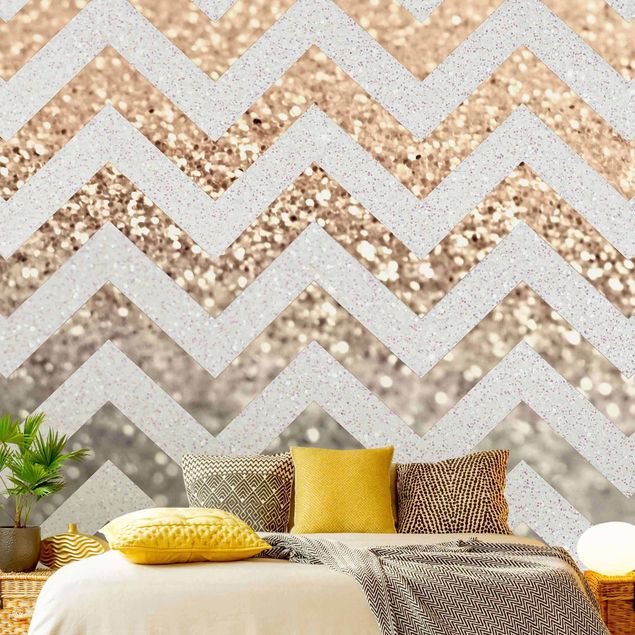 Papier peint moderne Zigzag Lines With Golden Glitter and Silver