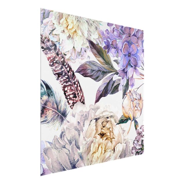 Tableau moderne Motif floral délicat de plumes à l'aquarelle boho
