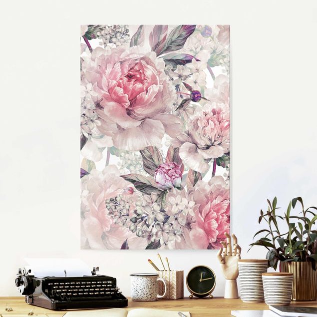 Tableaux en verre roses Motif délicat de pivoines à l'aquarelle