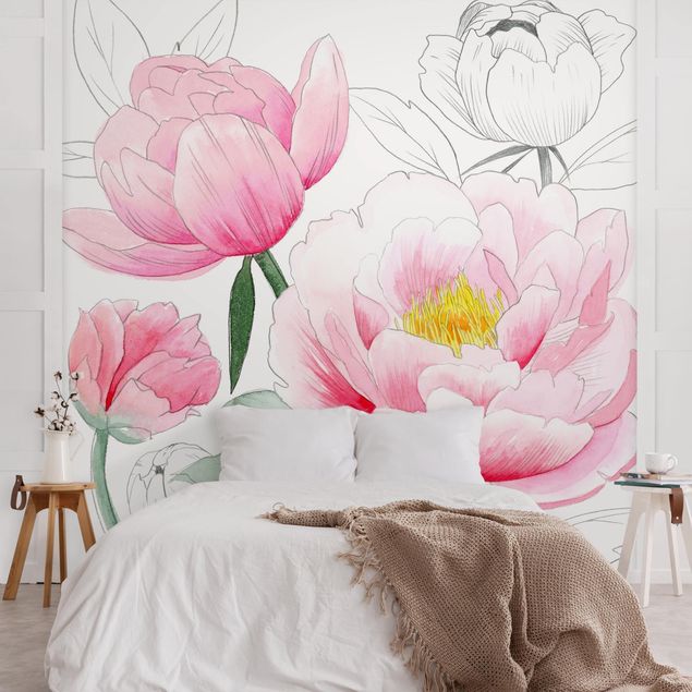 Papier peint fleurs roses Dessin Pivoines rose clair