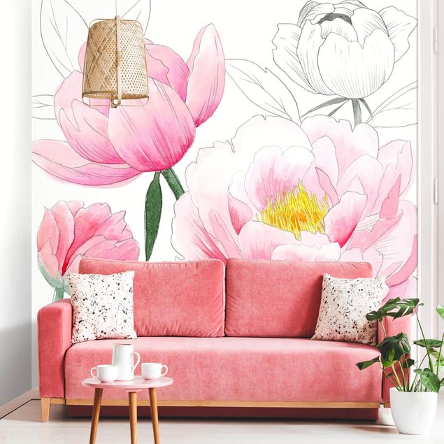 papier peint fleuri Dessin Pivoines rose clair