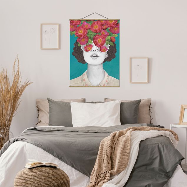 Tableau portrait Illustration Portrait Femme Collage avec Fleurs Lunettes