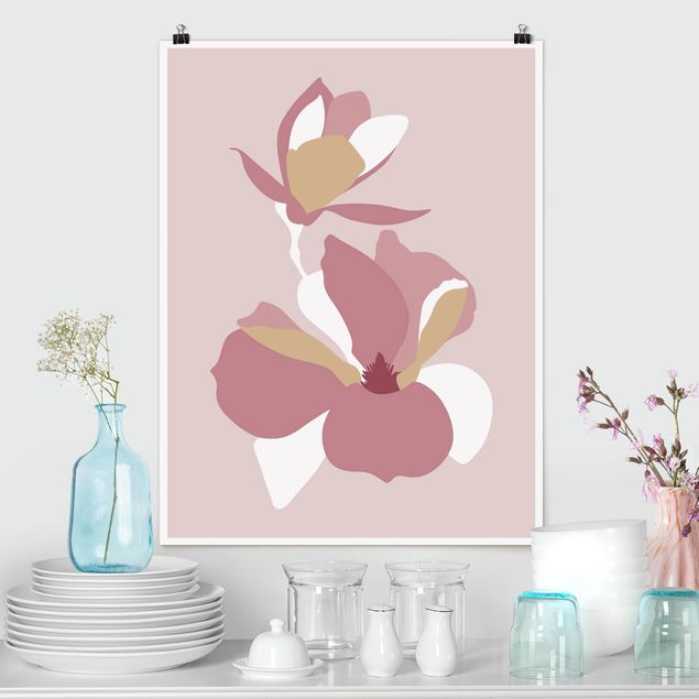 Tableau artistique Line Art Fleurs rose pastel