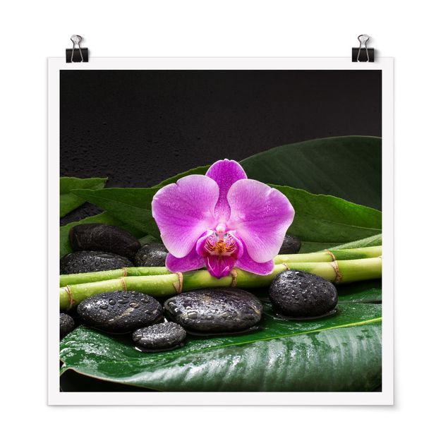 Tableau moderne Bambou vert avec fleur d'orchidée