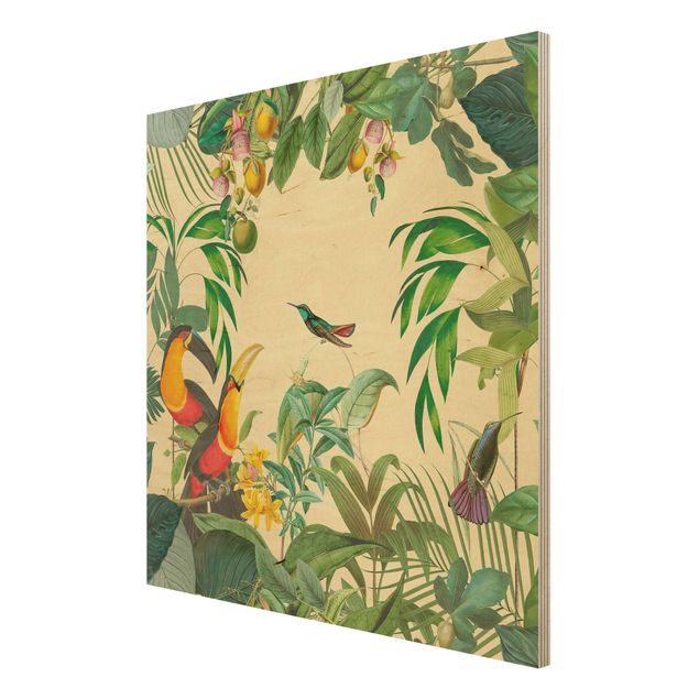 Tableau vintage bois Collage Vintage - Oiseaux dans la jungle