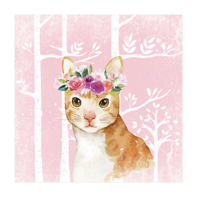 tapis floral Aquarelle chat rose clair