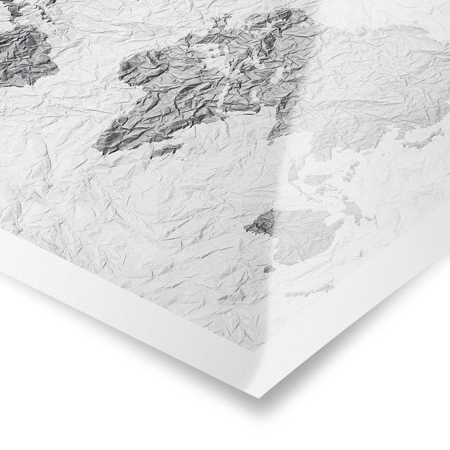 Tableau décoration Carte du Monde en Papier Blanc Gris