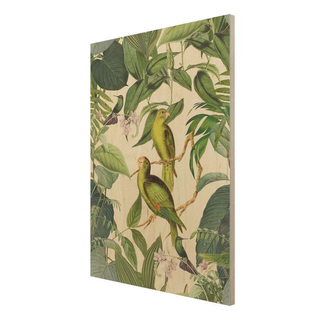Tableau vintage bois Collage Vintage - Perroquets dans la jungle