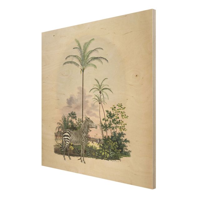 Tableau vintage bois Illustration de Zèbre Devant Des Palmiers