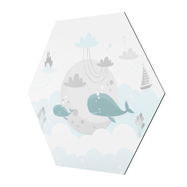 Tableau hexagon Nuages avec baleine et château