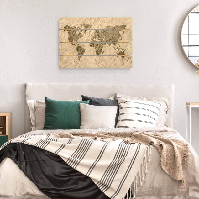 Impression sur bois Carte du Monde en Papier Beige Marron