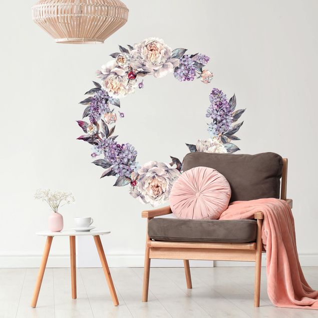 Stickers muraux fleur rose Aquarelle - Couronne de pivoines lilas XXL