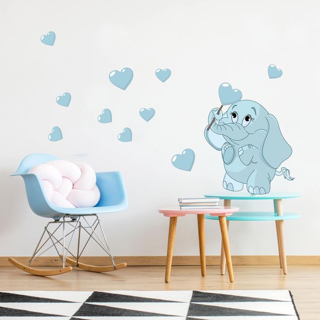 Sticker mural animaux Bébé Eléphant avec Des cœurs Bleus