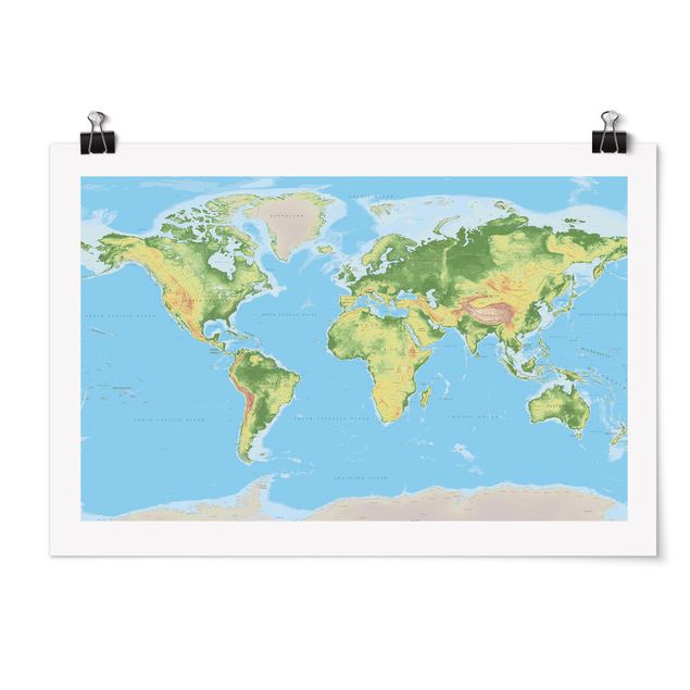Poster mappemonde Carte du monde physique