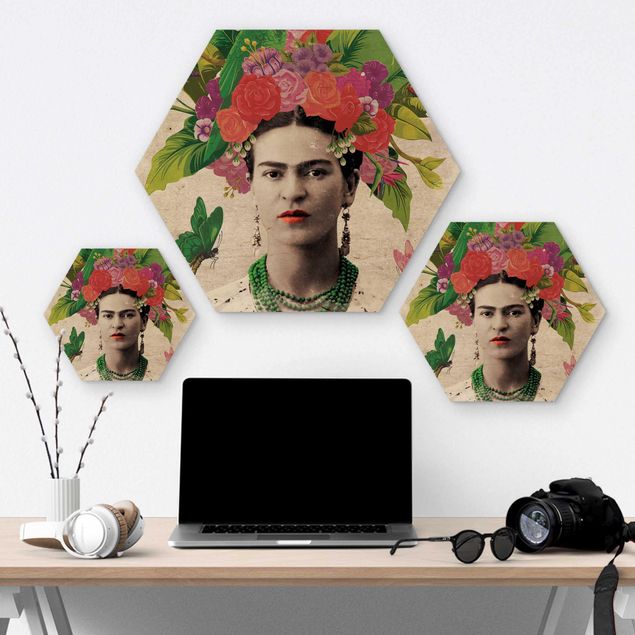 Hexagone en bois - Frida Kahlo - Flower Portrait