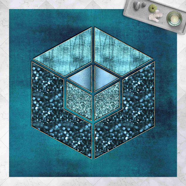 tapis extérieur Hexagone Bleu avec Contour Doré