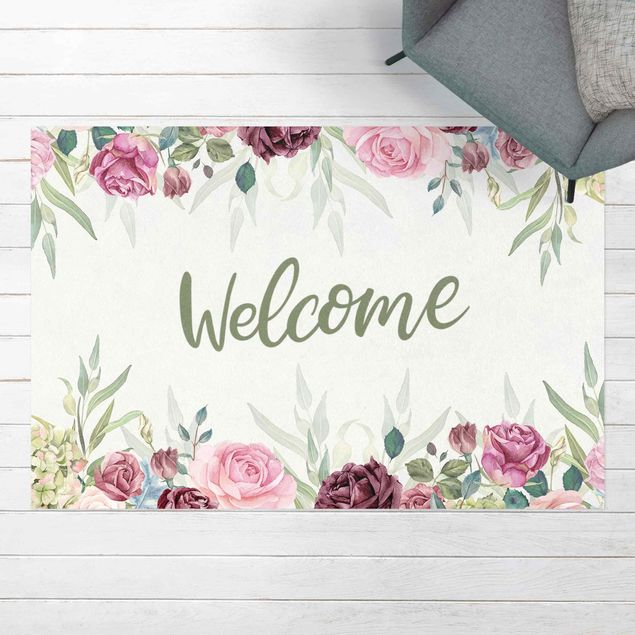tapis extérieur Welcome - Bienvenue aux aquarelles florales