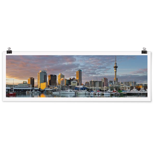 Poster villes Coucher de soleil sur la Silhouette urbaine d'Auckland