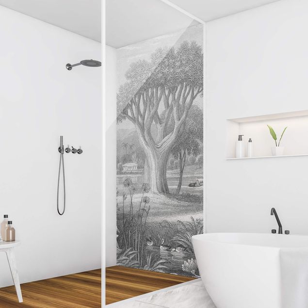 Panneau mural salle de bain Gravure tropicale en cuivre jardin avec étang, en gris