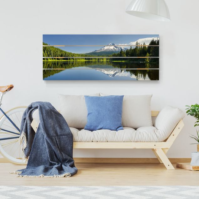 Tableaux en bois avec paysage Volcan avec reflet d'eau