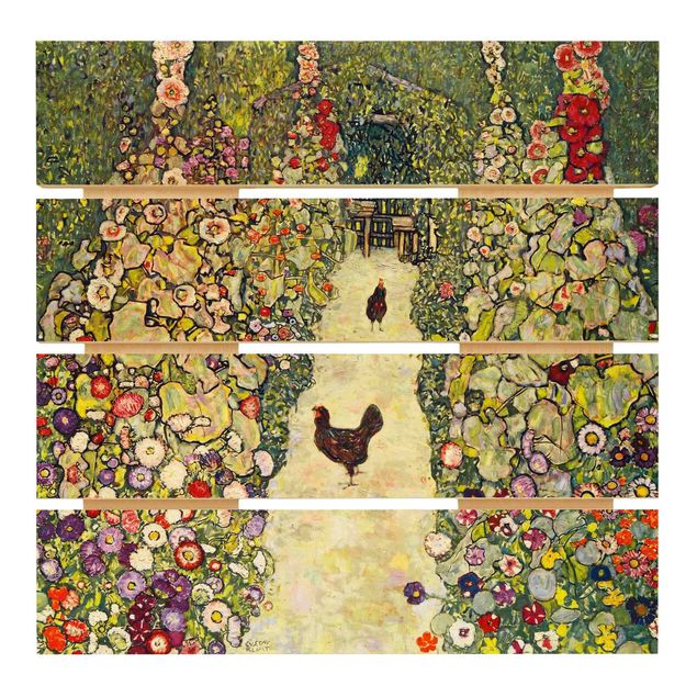 Tableaux en bois avec fleurs Gustav Klimt - Chemin de jardin avec poules