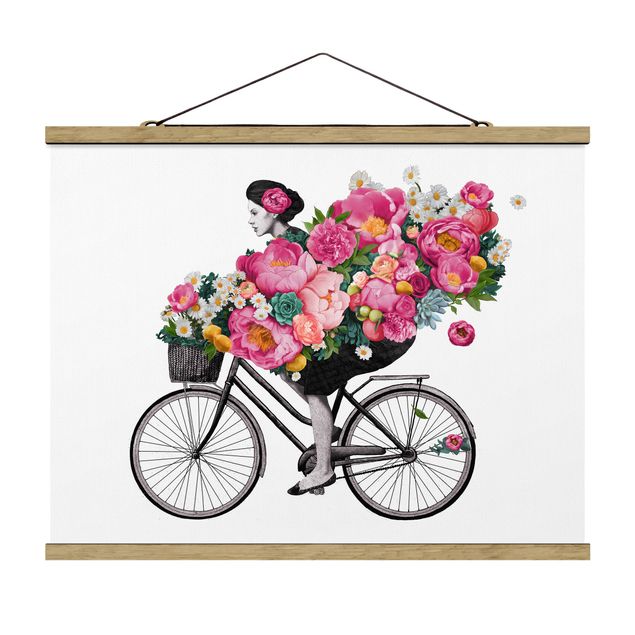 Tableaux portraits Illustration Femme à Bicyclette Collage Fleurs Colorées