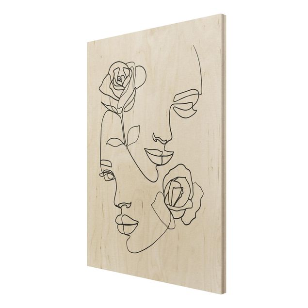 Tableau artistique Line Art Visages Femmes Roses Noir et Blanc