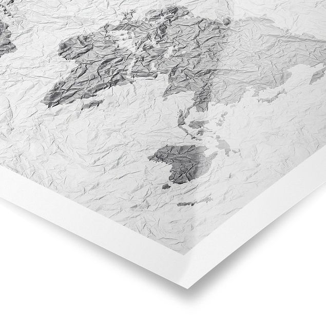 Tableau décoration Carte du Monde en Papier Blanc Gris