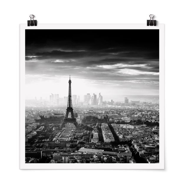 Poster villes La Tour Eiffel vue du ciel en noir et blanc