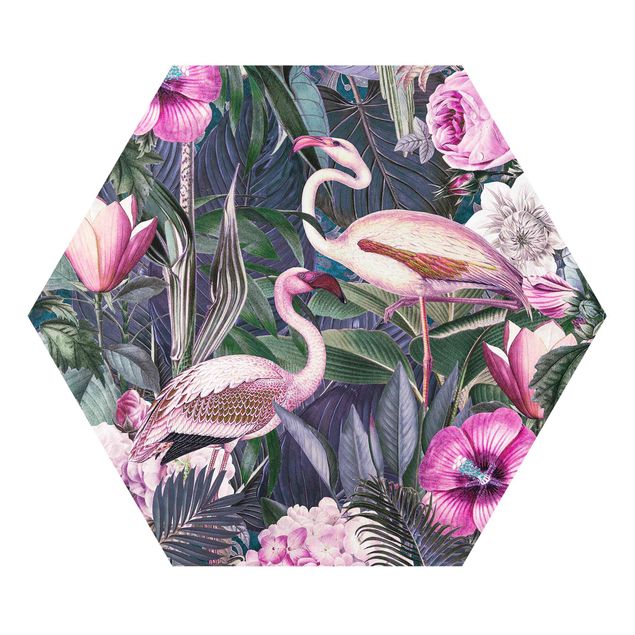 Tableau animaux Collage coloré - Flamants roses dans la jungle