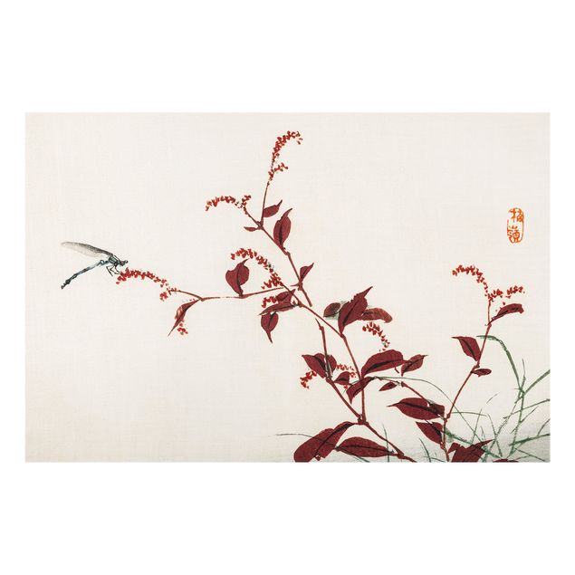 Fond de hotte - Asian Vintage Drawing Red Branch With Dragonfly